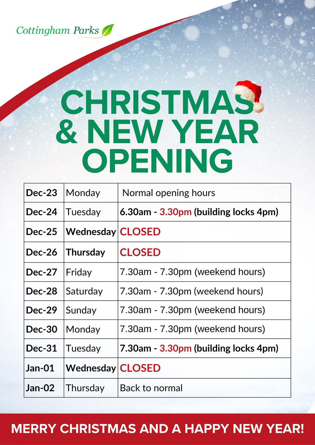 Christmas Opening Hours